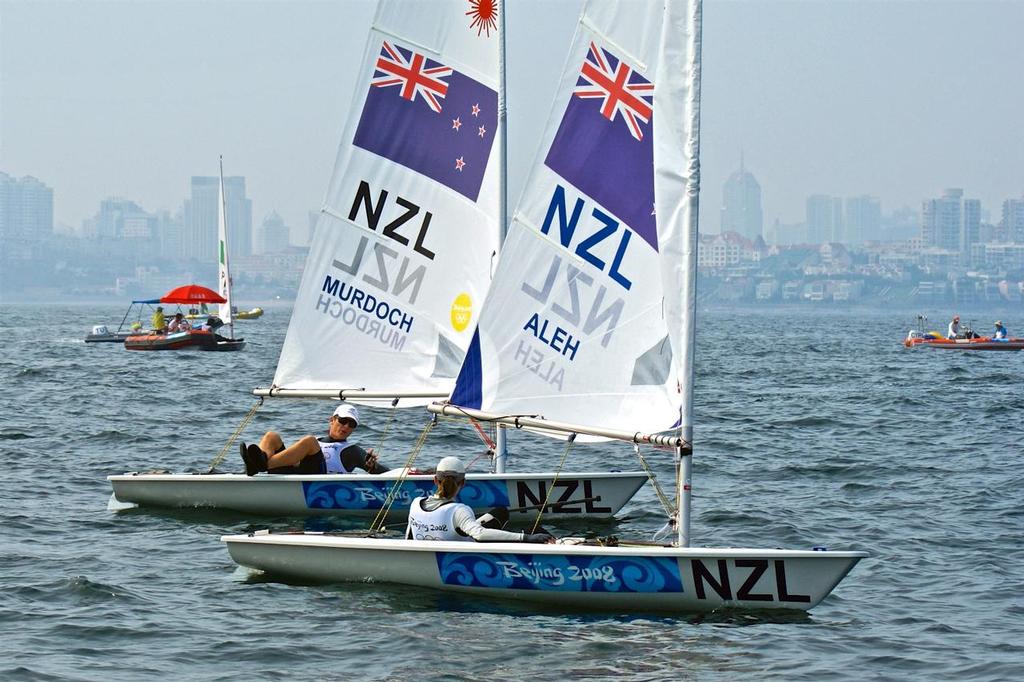 From the S-W Archives - Jo Aleh and Andrew Murdoch enjoy a chat between races - 2008 Olympic Regatta, Qingdao. © Richard Gladwell www.photosport.co.nz